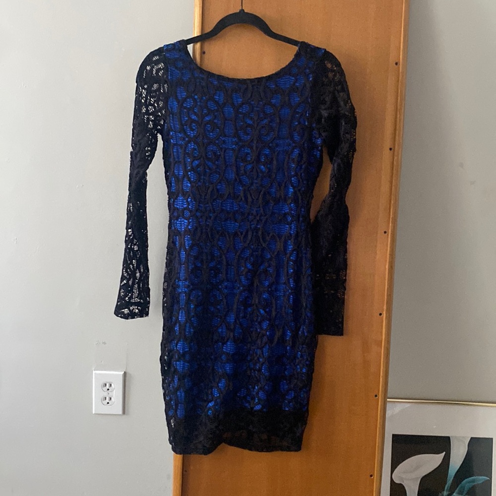 ASOS BLUE BLACK WEB BODYCON LONG SLEEVE MINI DRESS US 8